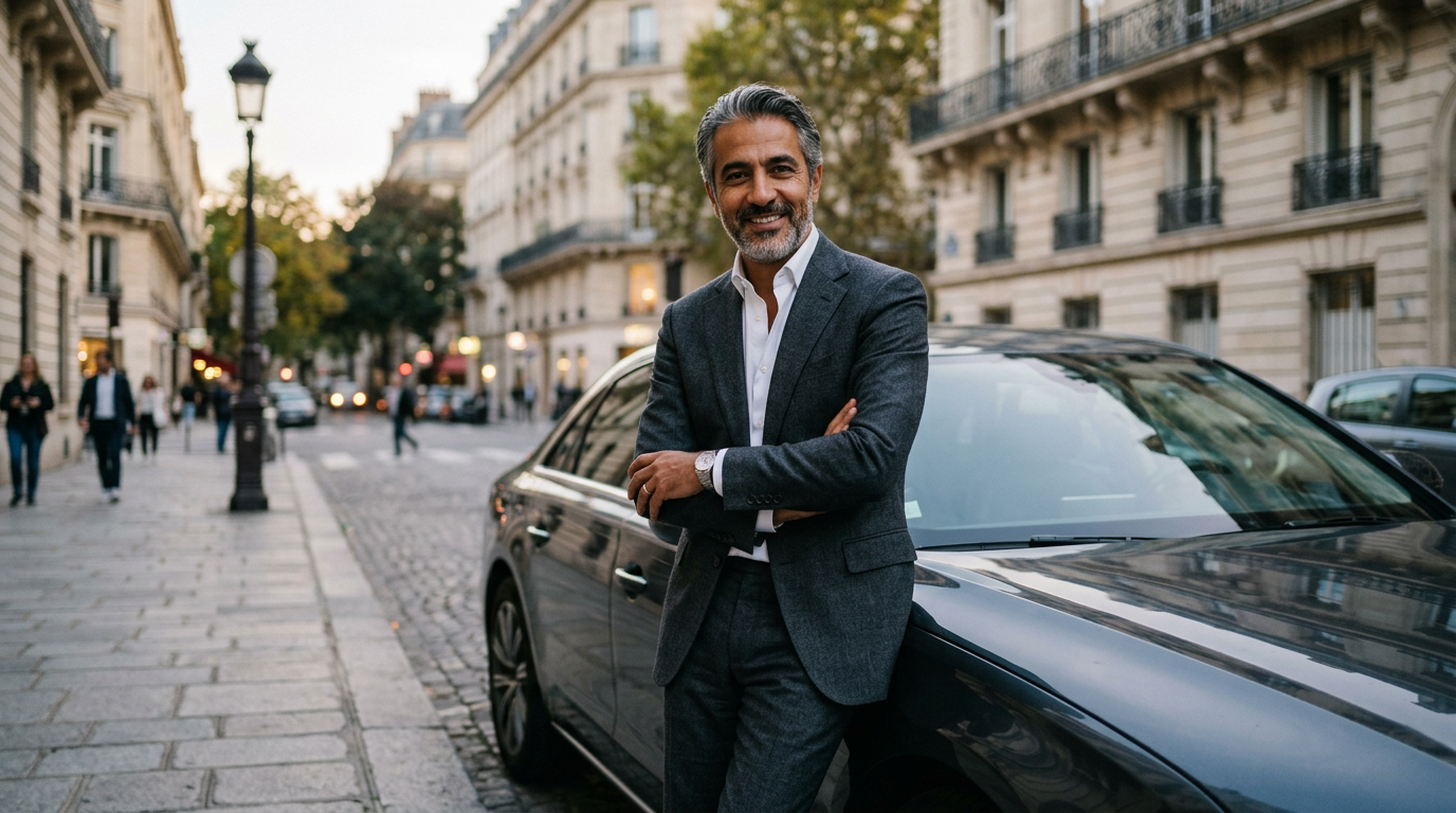 Professionnel d'origine nord-africaine en tenue professionnelle, dans une rue parisienne haussmannienne