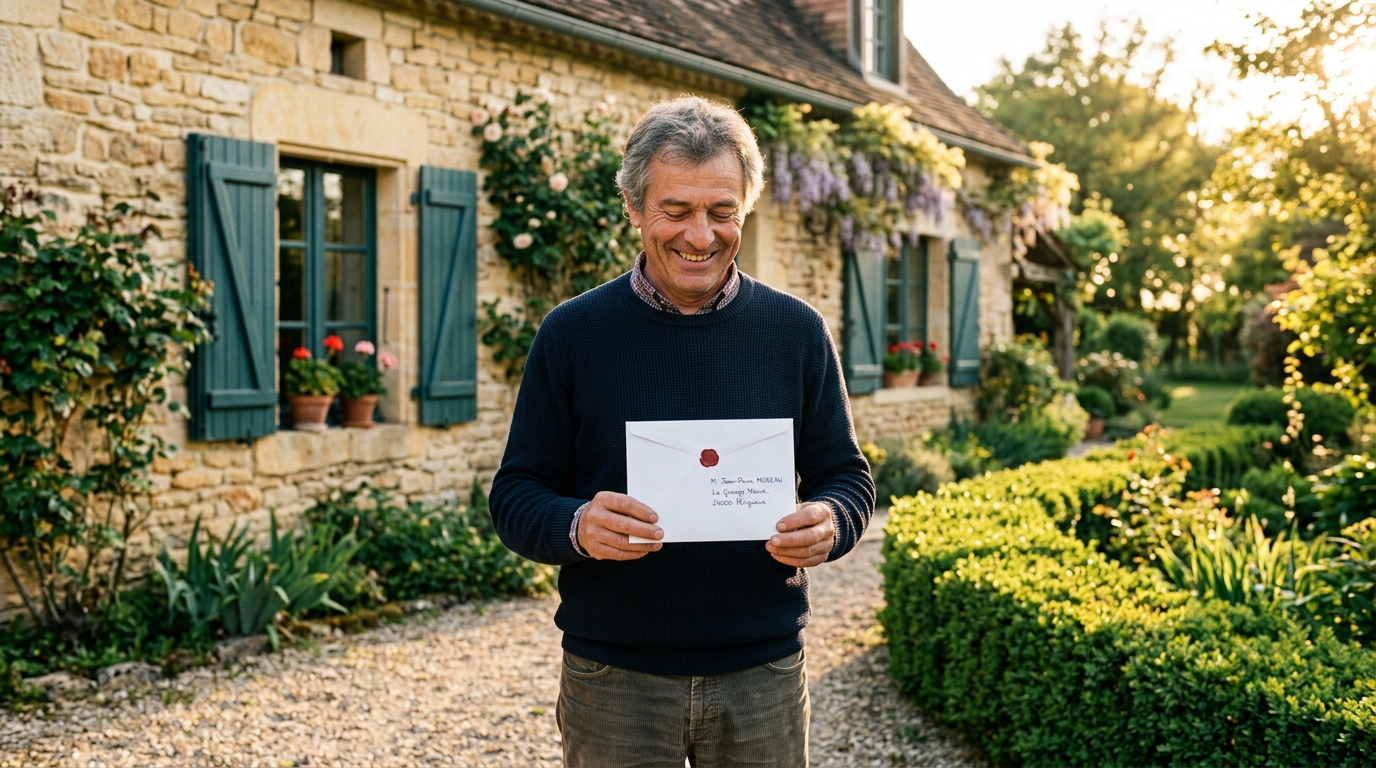 Homme souriant dans la cinquantaine tenant une enveloppe officielle devant sa maison en pierre, expression de fierté et d'accomplissement